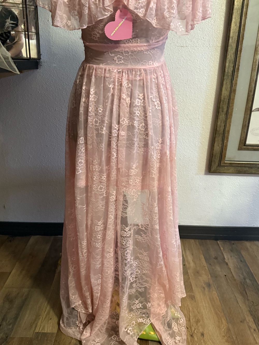 Sugar Thrillz Ruled By Love Pink Floral Lace Draped Maxi Dress •Size S• - Picture 9 of 10